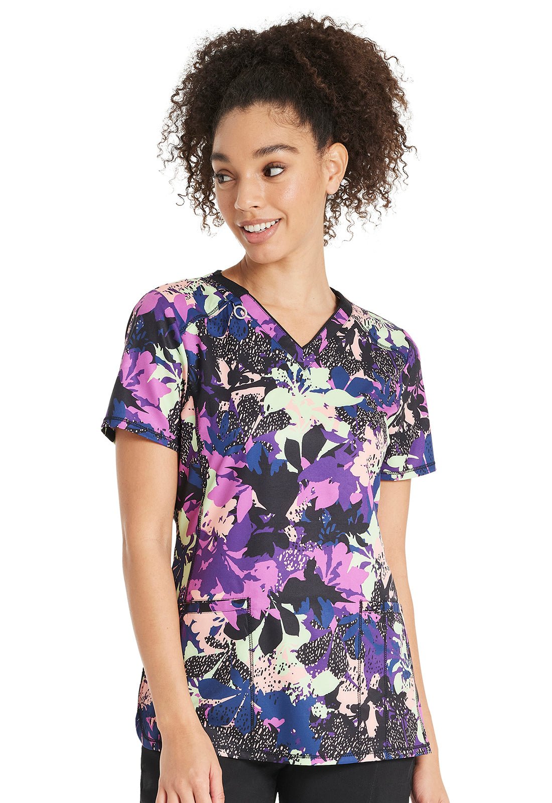 Bold Botanics Cherokee Infinity Floral Print V Neck Scrub Top