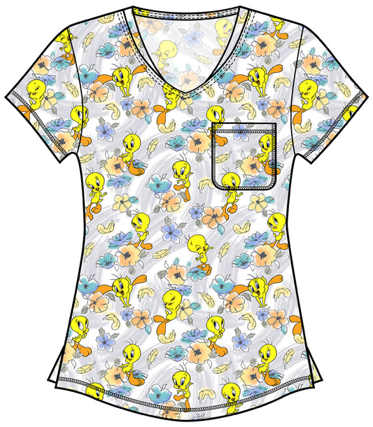 Tweety Bird Tooniforms Looney Tunes Rounded V Neck Scrub Top TF786 LTMB