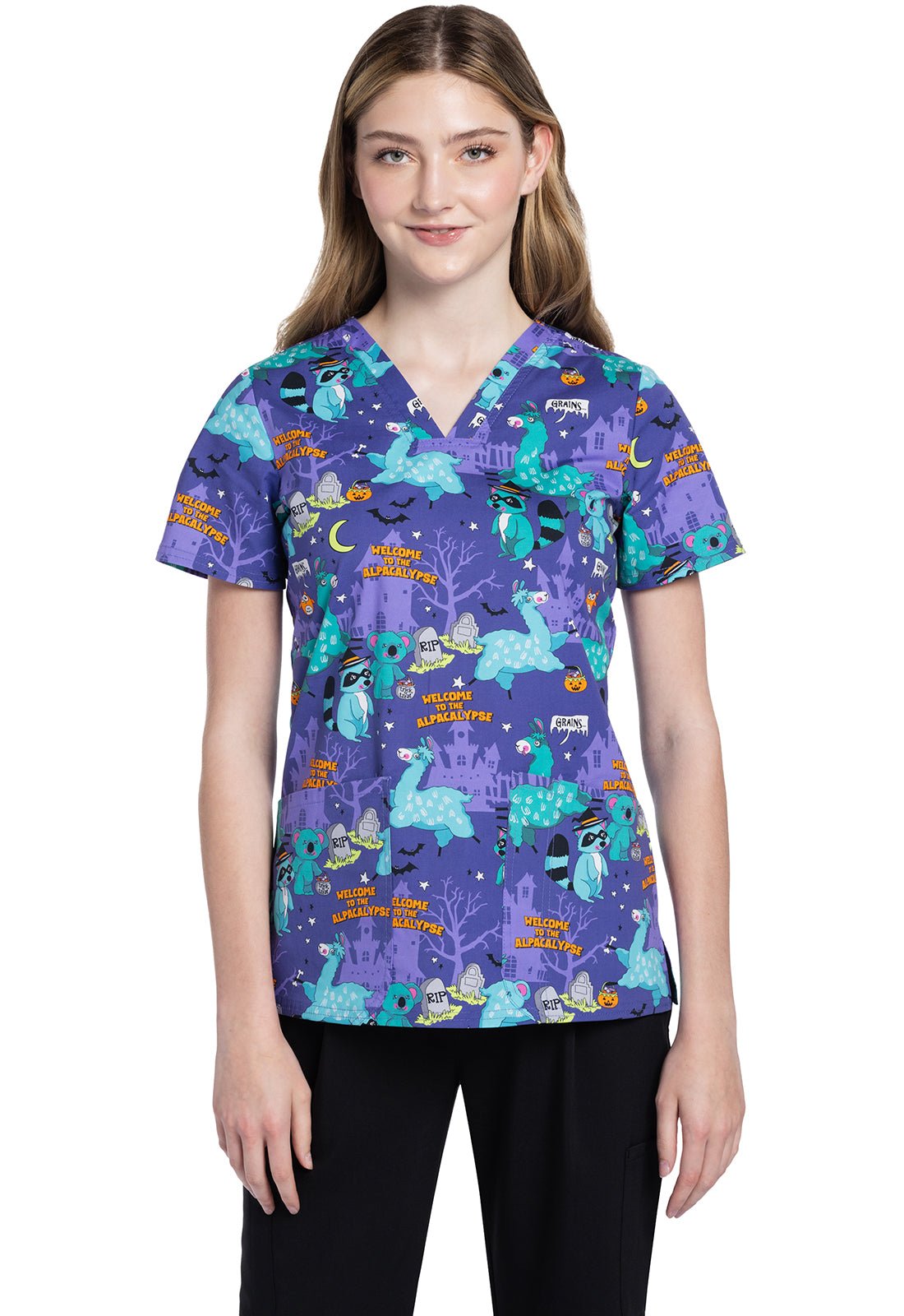 Alpacalypse Cherokee Halloween Print V Neck Scrub Top CK651 APYS - Scrubs Select