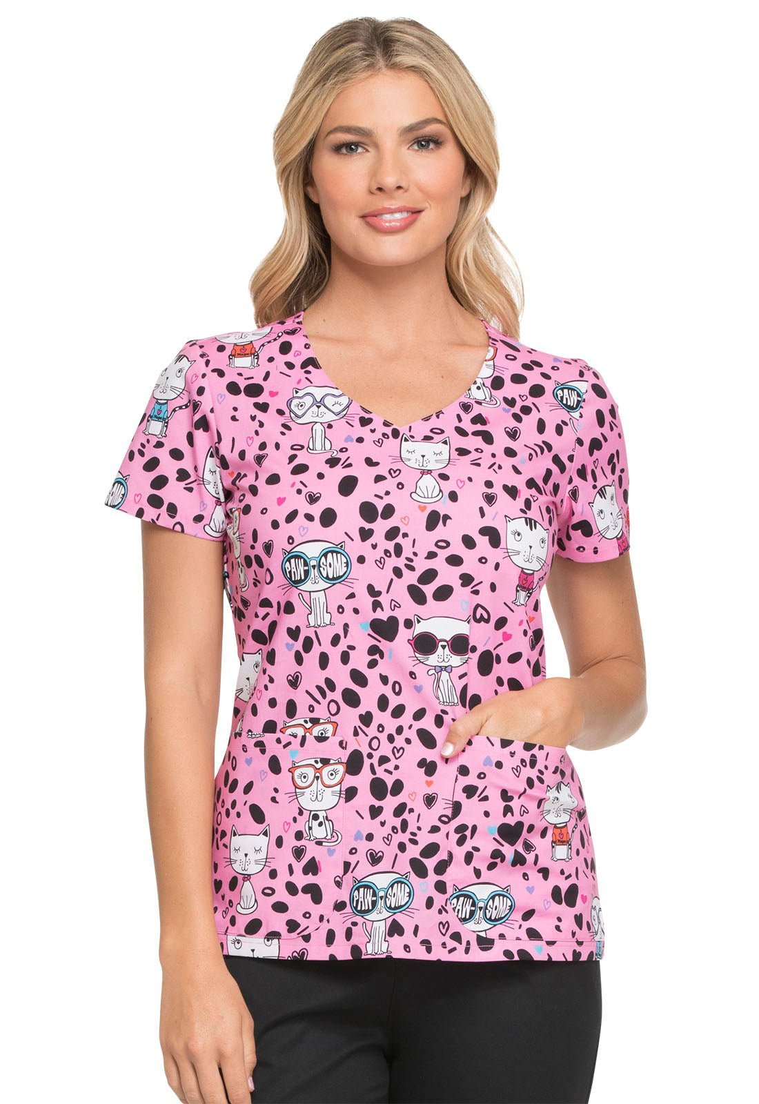 Cat Dickies Print V Neck Scrub Top DK700 PWSM - Scrubs Select