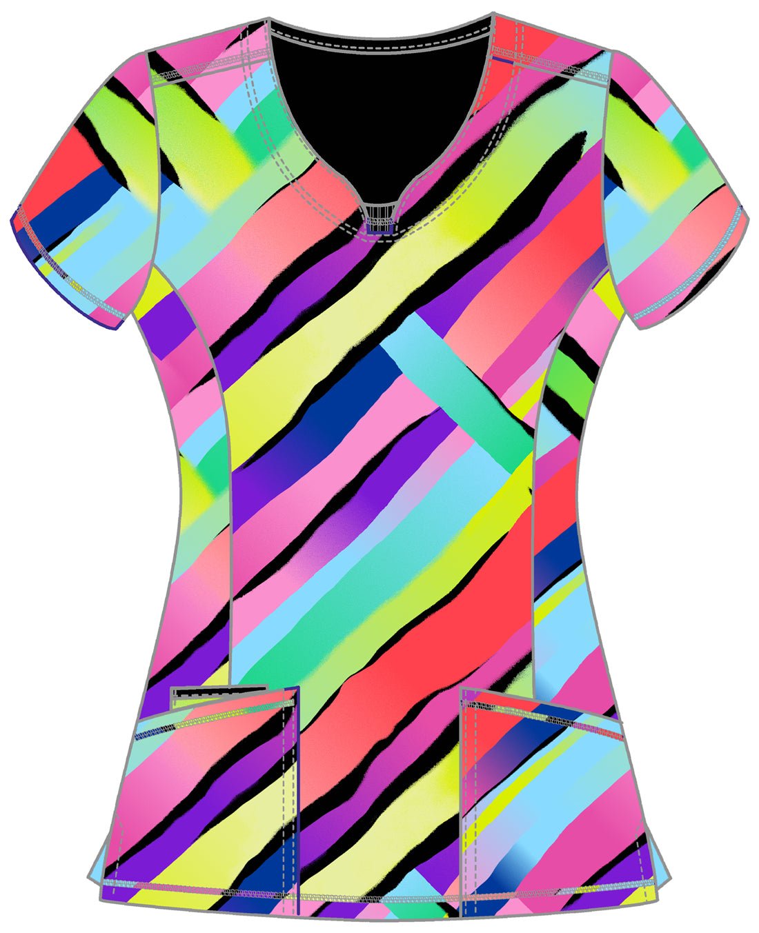 Color Block Stripe Cherokee Infinity Print Round Neck Scrub Top CK609 CBST - Scrubs Select