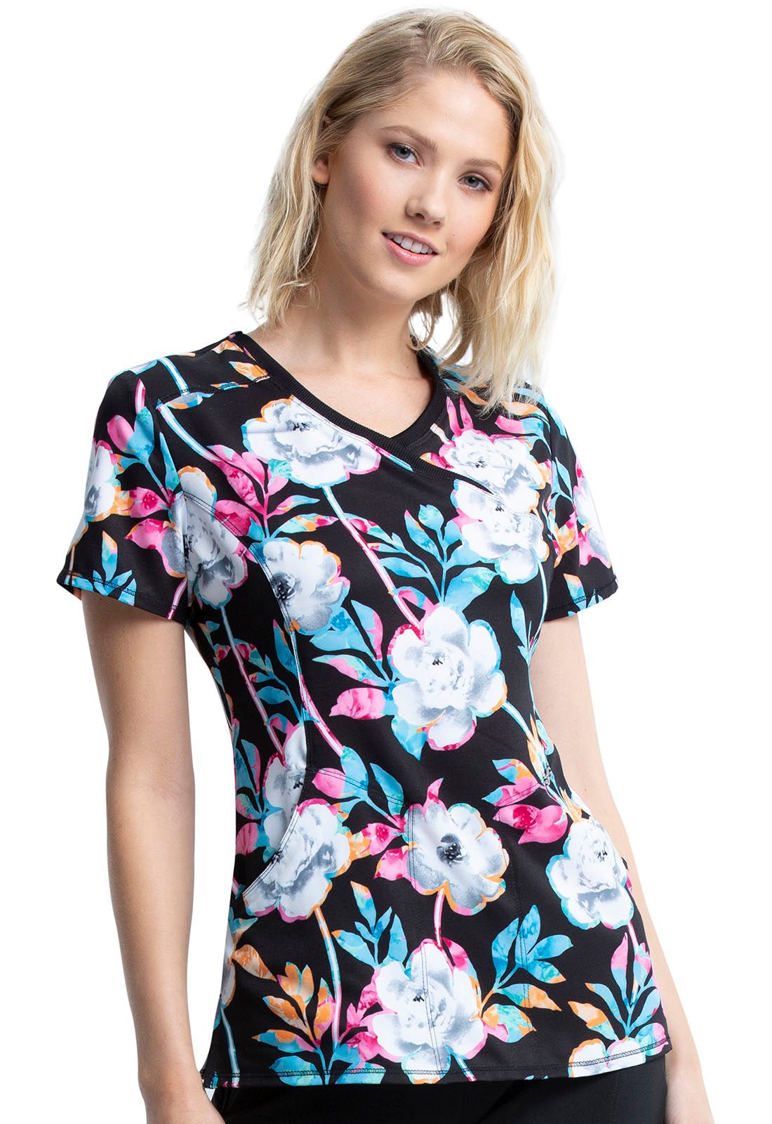 Colorful Blooms Cherokee Infinity Scrubs Mock Wrap Top CK608 CLFU - Scrubs Select