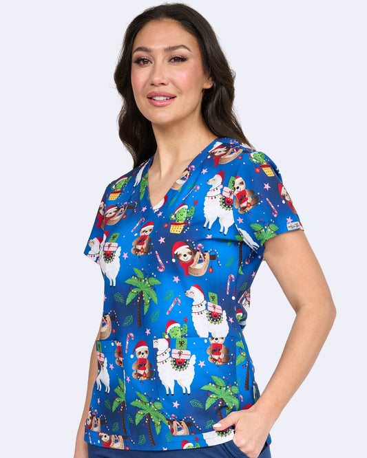 Deck The Palms Zavate Christmas Print Scrubs V Neck Top 1054 DKPL - Scrubs Select