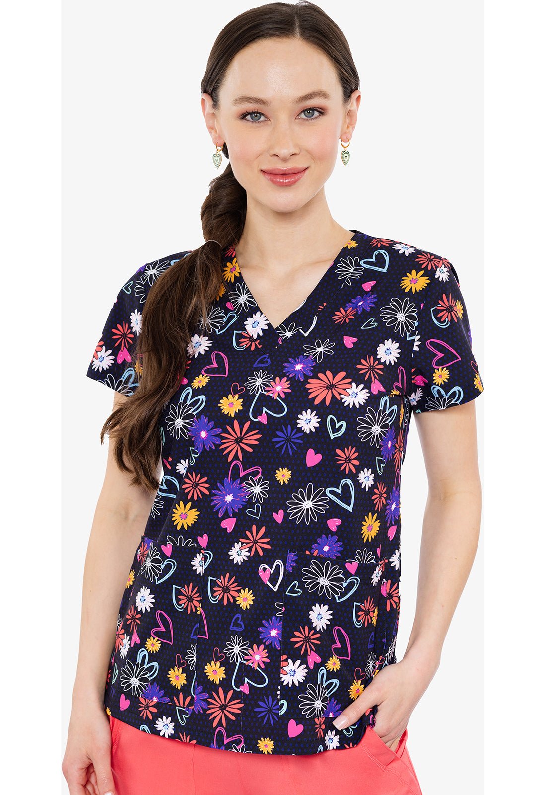 Dotty Floral Med Couture Print V Neck Scrub Top MC8564 DTTL - Scrubs Select