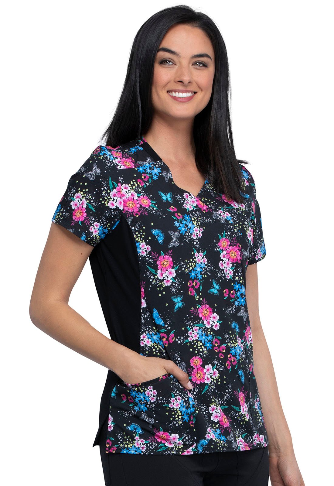 Floral Cherokee iFlex Print Mock Wrap Knit Panel Scrub Top CK642 AMTW - Scrubs Select