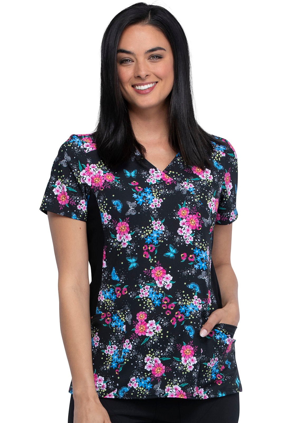 Floral Cherokee iFlex Print Mock Wrap Knit Panel Scrub Top CK642 AMTW - Scrubs Select