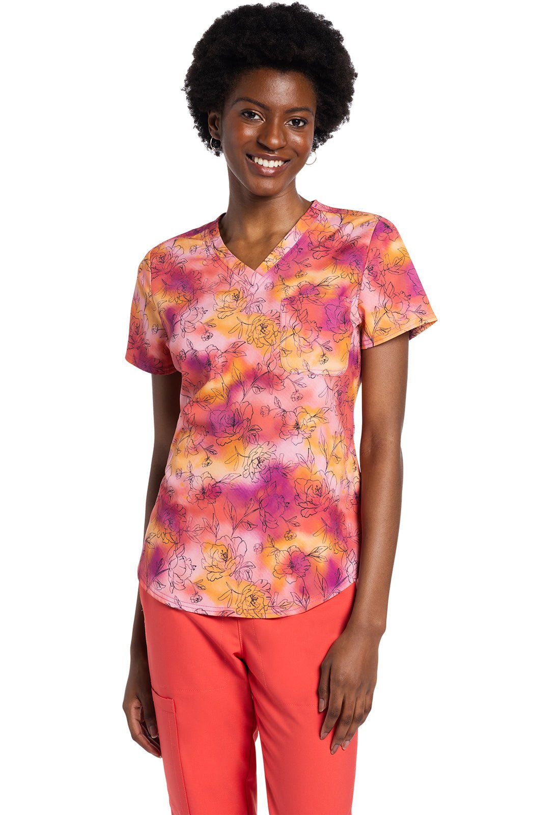 Floral Wash Cherokee Print Tuckable V Neck Scrub Top CK664 FOWS - Scrubs Select