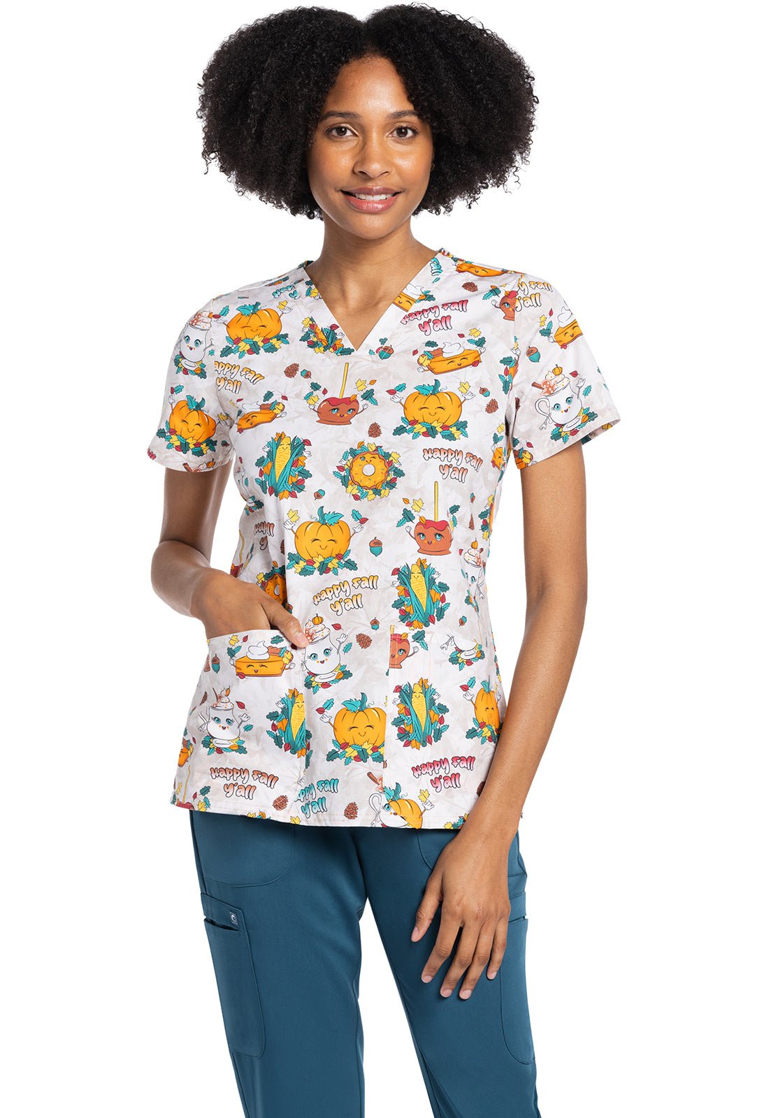 Happy Fall Y'all Cherokee Print V Neck Scrub Top CK651 HYFY - Scrubs Select