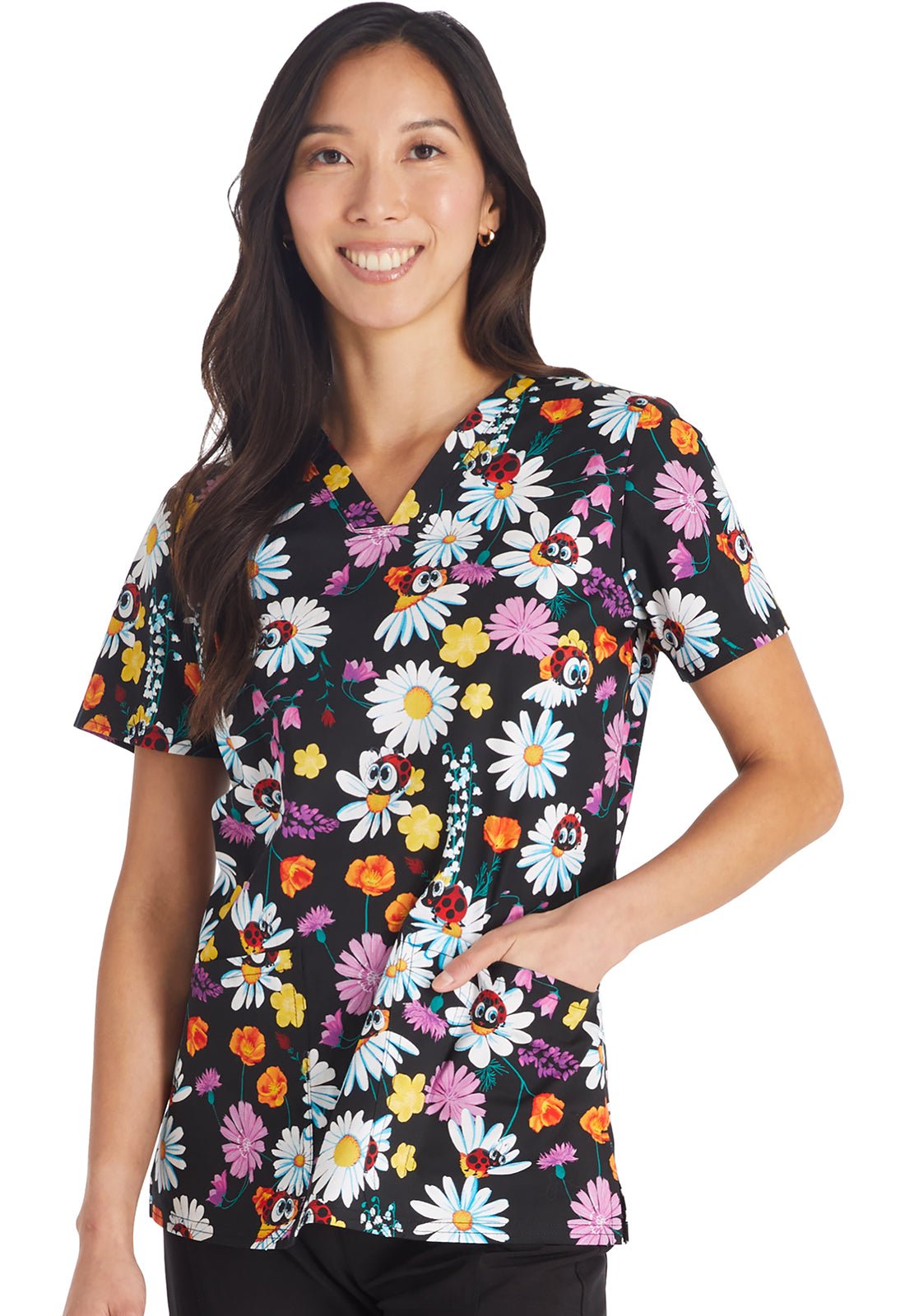 Ladybug Garden Cherokee Floral Print V Neck Scrub Top CK651 LBGN - Scrubs Select