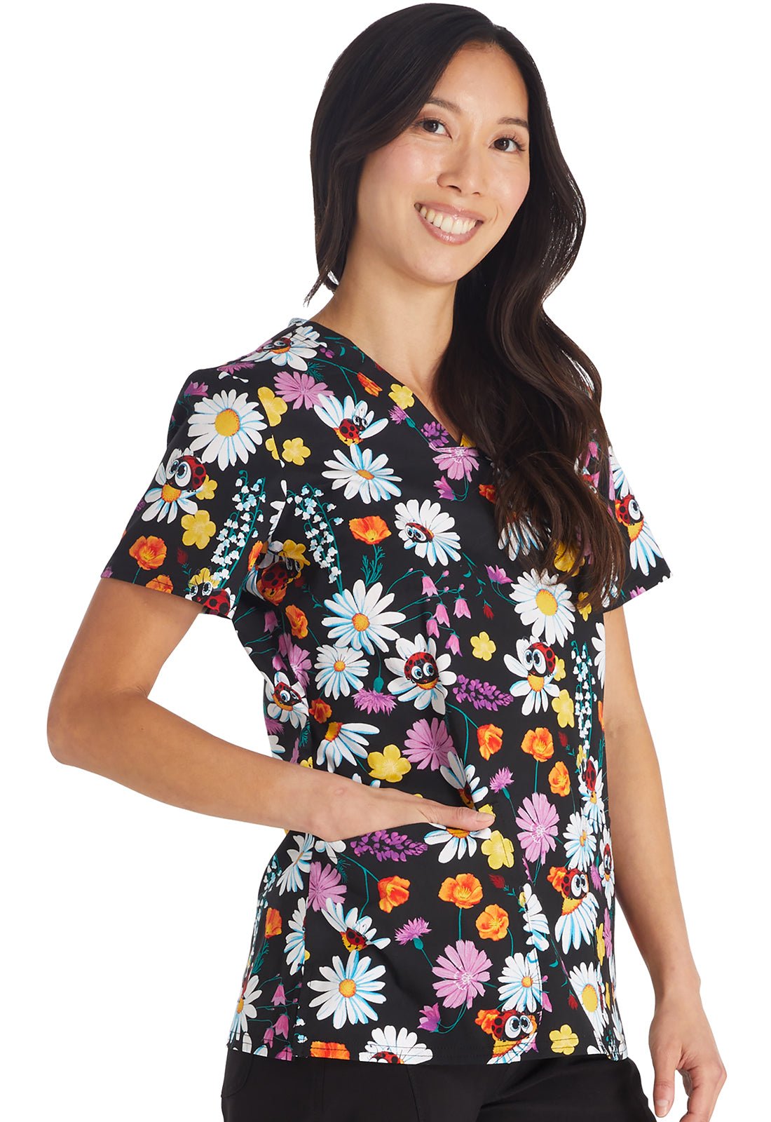 Ladybug Garden Cherokee Floral Print V Neck Scrub Top CK651 LBGN - Scrubs Select