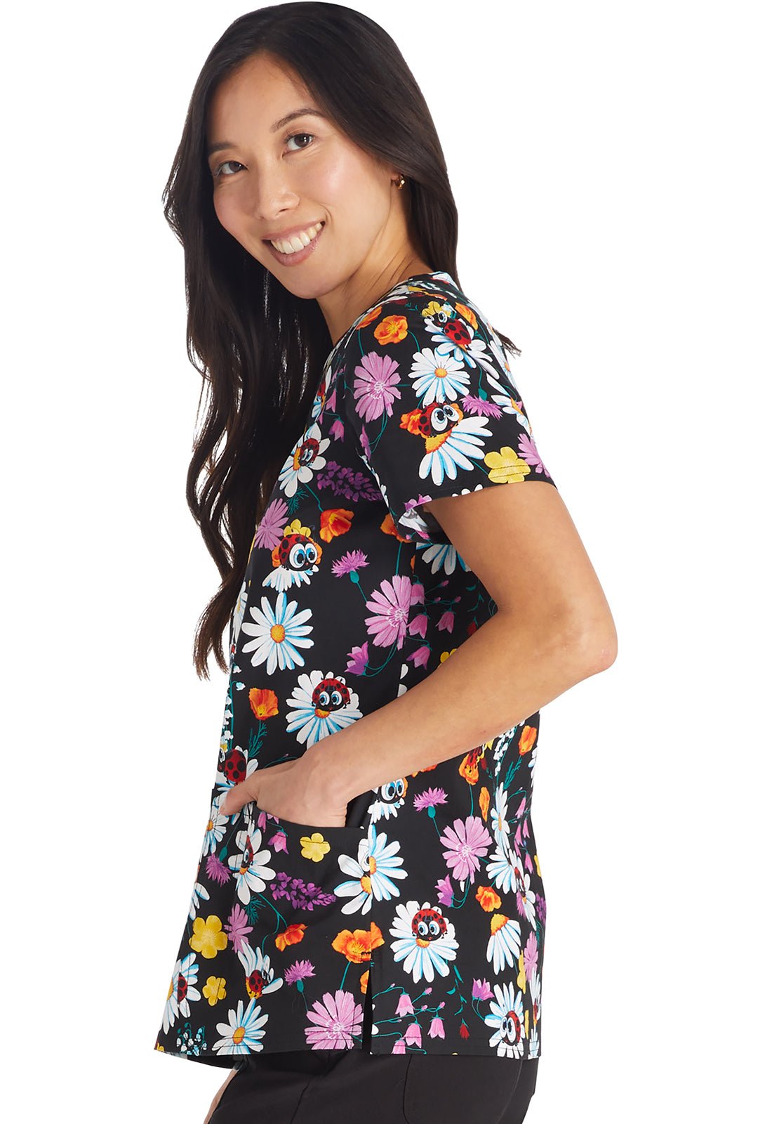 Ladybug Garden Cherokee Floral Print V Neck Scrub Top CK651 LBGN - Scrubs Select