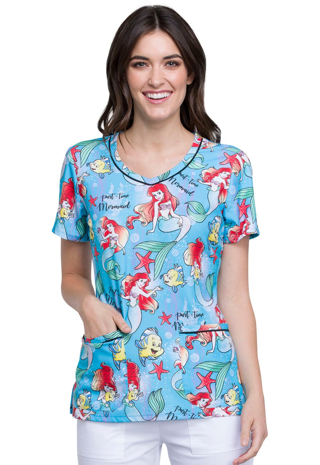 Little Mermaid Tooniforms Licensed Disney Princess V - Neck Scrub Top TF633 PRPM - Scrubs Select