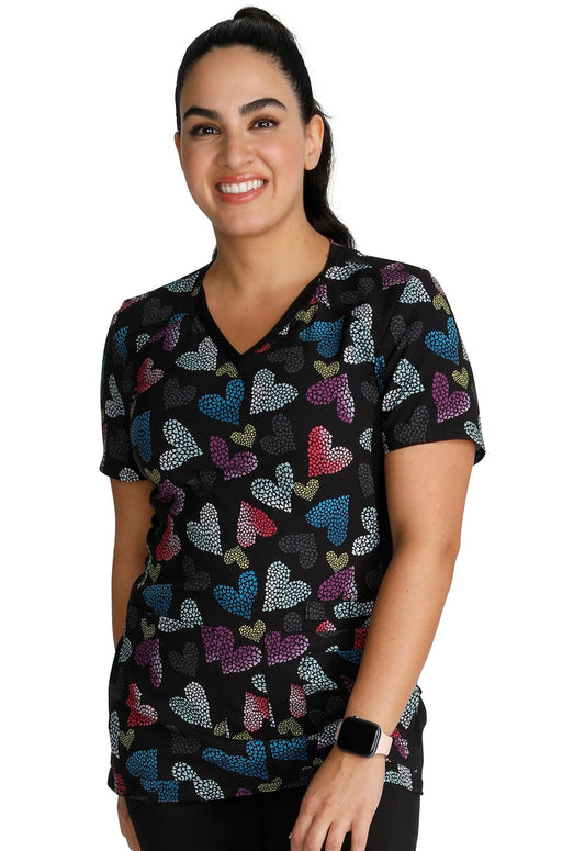 Loving Glow Cherokee iFlex Heart Print V Neck Knit Panel Scrub Top CK636 LVGW - Scrubs Select