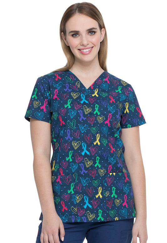 Multi Awareness Dickies Print V Neck Scrub Top DK704 LVAL - Scrubs Select