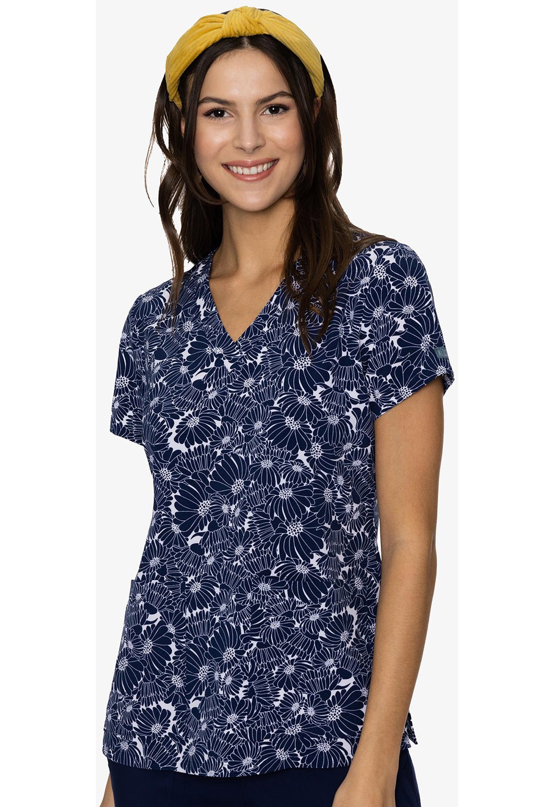 Navy Daisy Med Couture Print V Neck Scrub Top MC8564 NASY - Scrubs Select