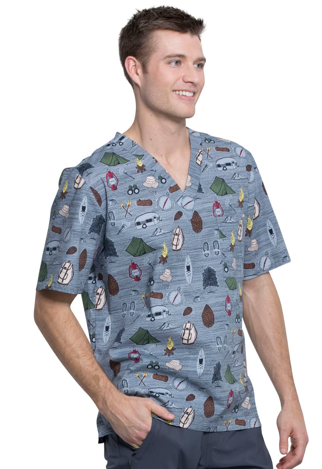 Outdoor Cherokee Print Men's V Neck Scrub Top CK675 ODAV - Scrubs Select