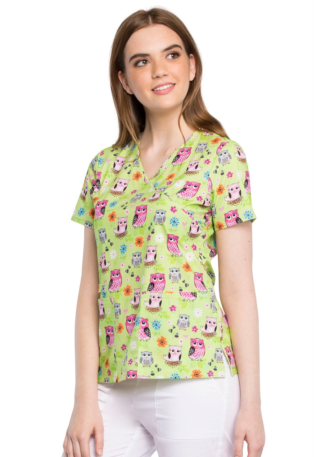 Owl Cherokee Print Mock Wrap Scrub Top CK614 FEAT - Scrubs Select