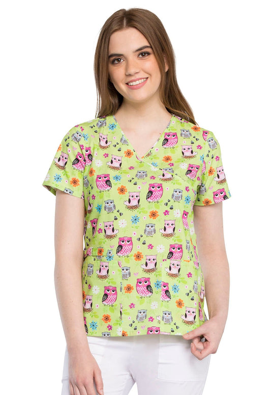 Owl Cherokee Print Mock Wrap Scrub Top CK614 FEAT - Scrubs Select