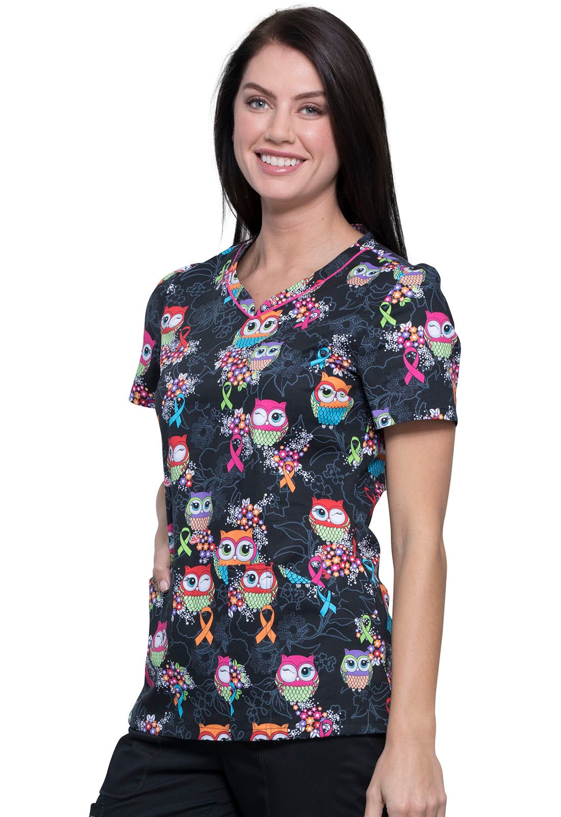 Owl Cherokee Print Multi Awareness V Neck Scrub Top CK646 LEGV - Scrubs Select