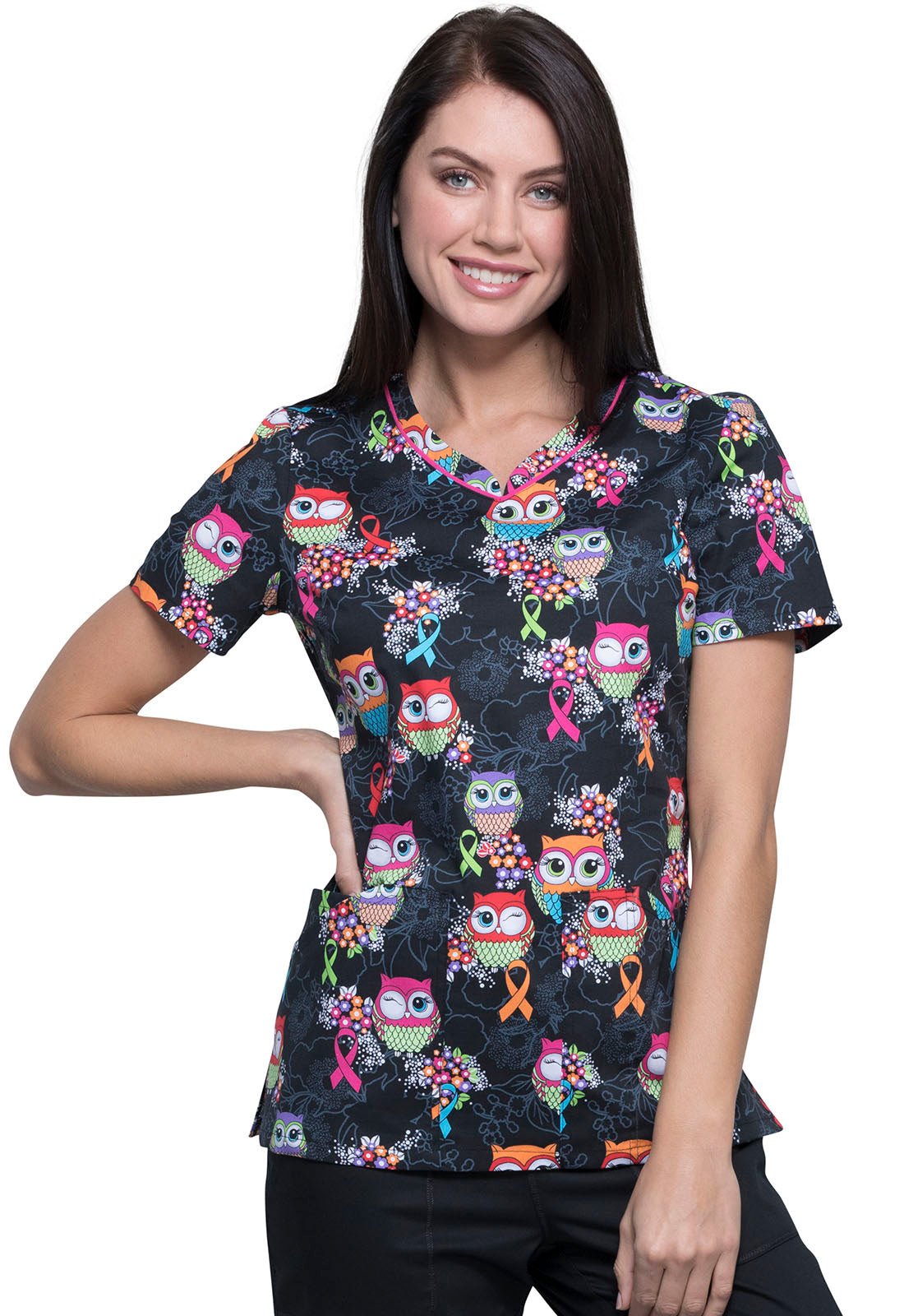 Owl Cherokee Print Multi Awareness V Neck Scrub Top CK646 LEGV - Scrubs Select