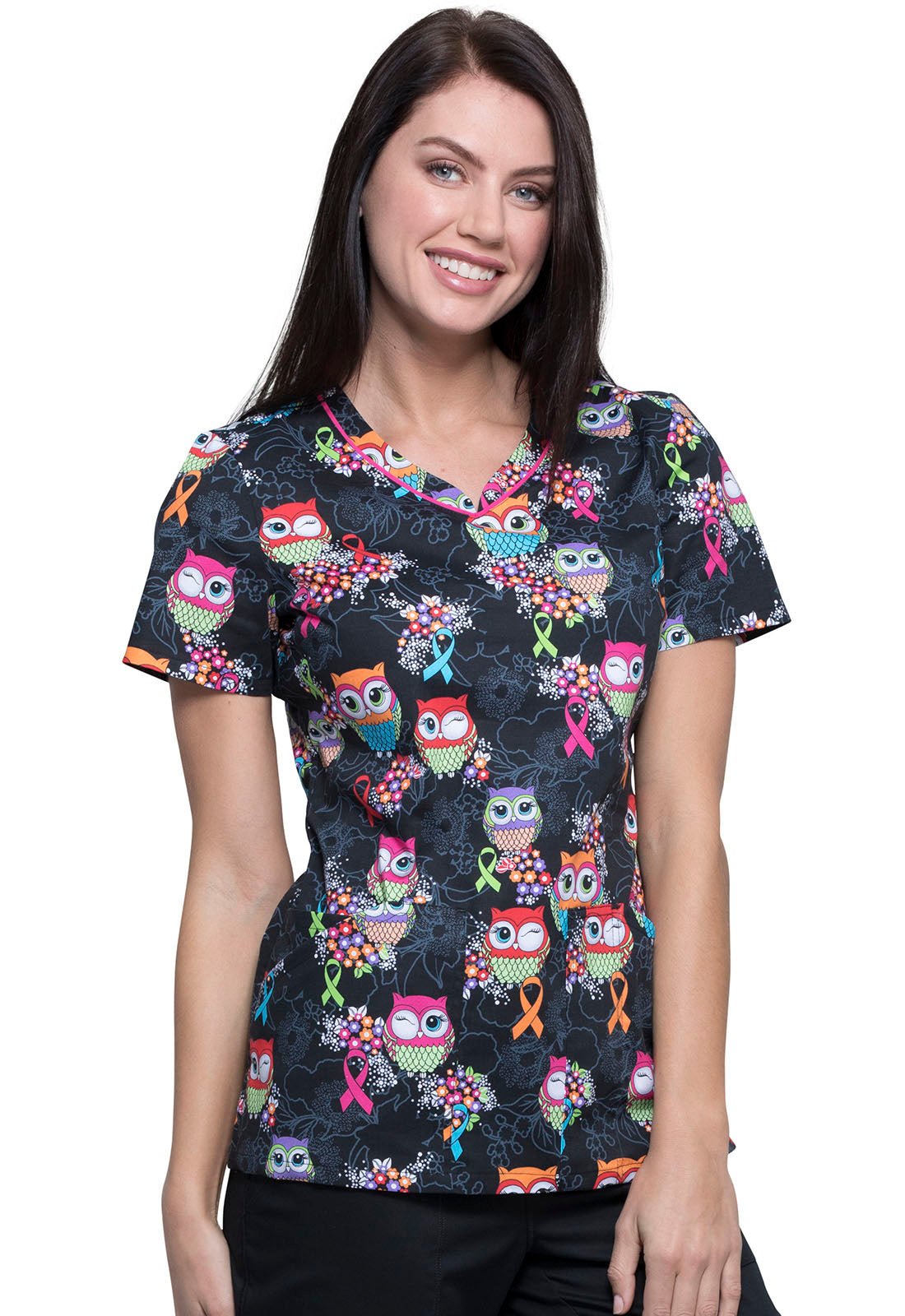 Owl Cherokee Print Multi Awareness V Neck Scrub Top CK646 LEGV - Scrubs Select