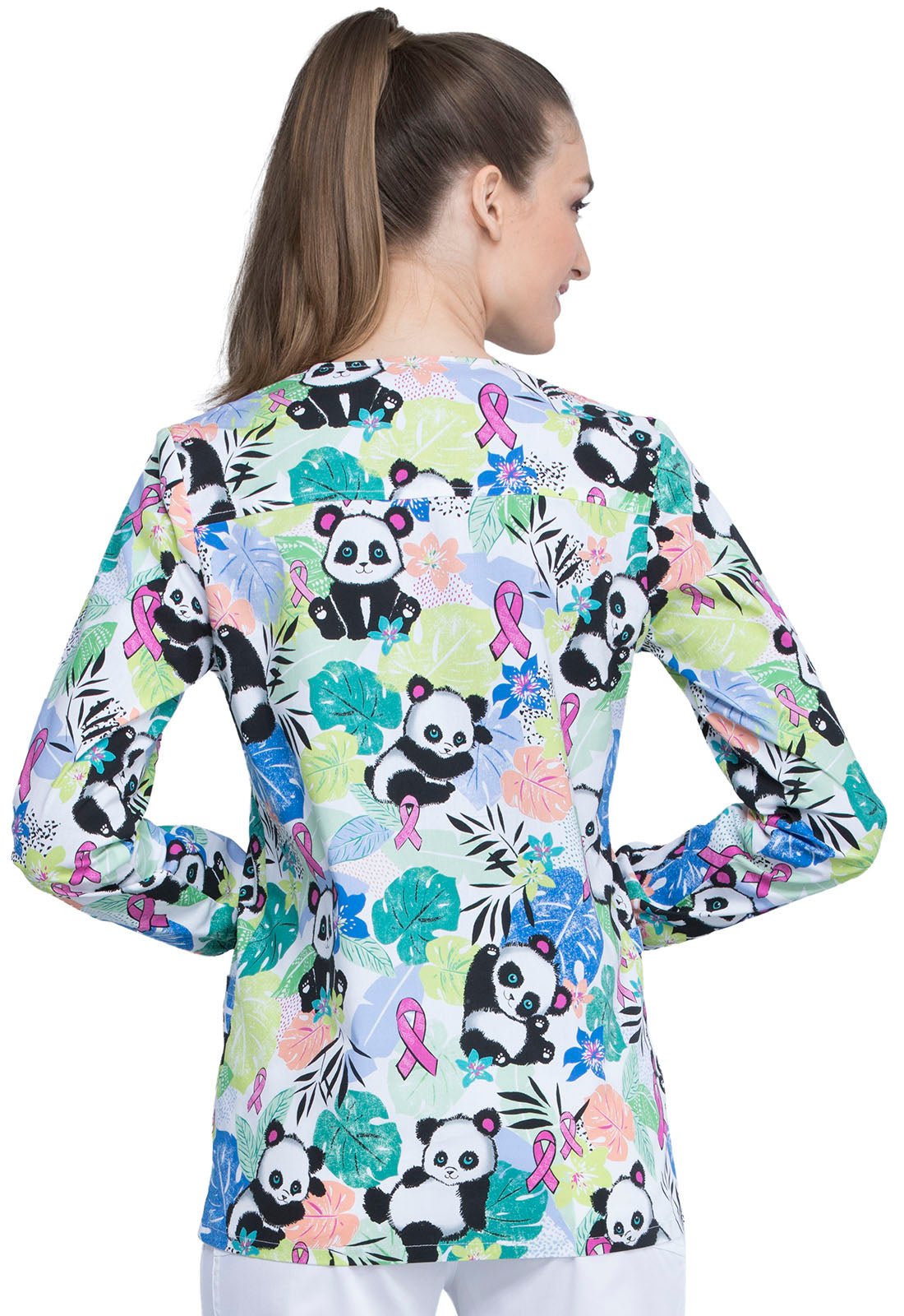 Panda Cherokee Breast Cancer Awareness Print Warm Up Scrub Jacket CK301 GPUM - Scrubs Select