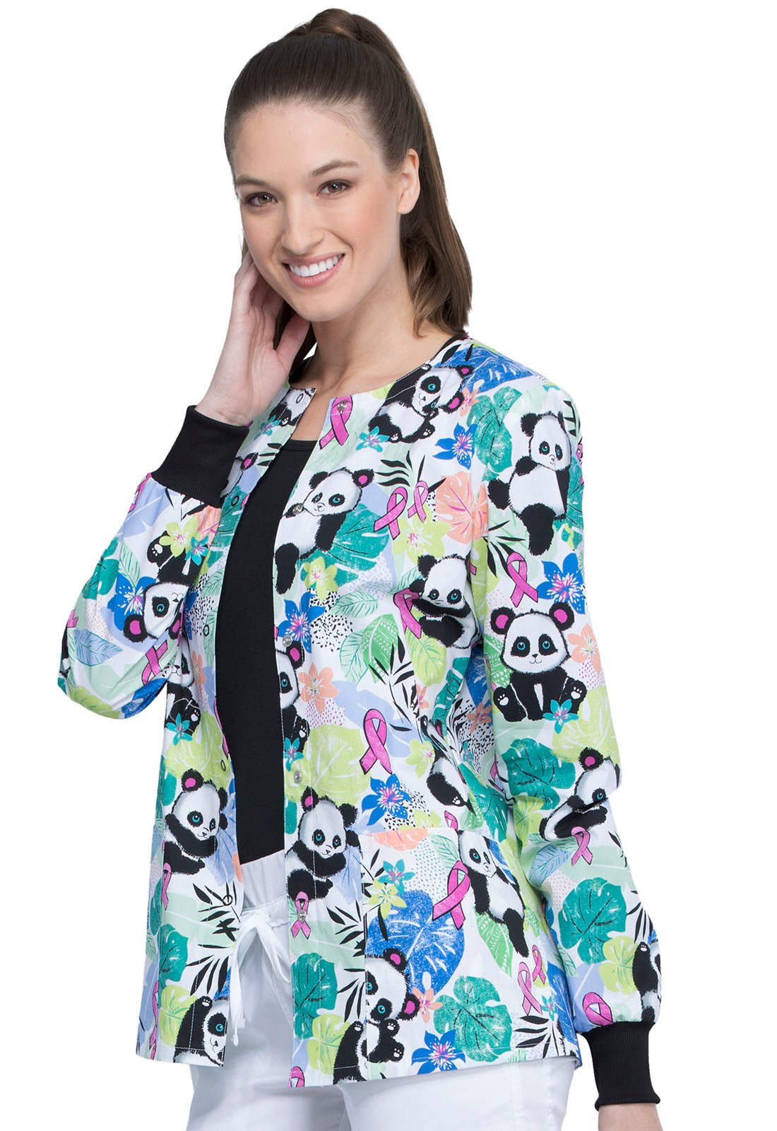 Panda Cherokee Breast Cancer Awareness Print Warm Up Scrub Jacket CK301 GPUM - Scrubs Select