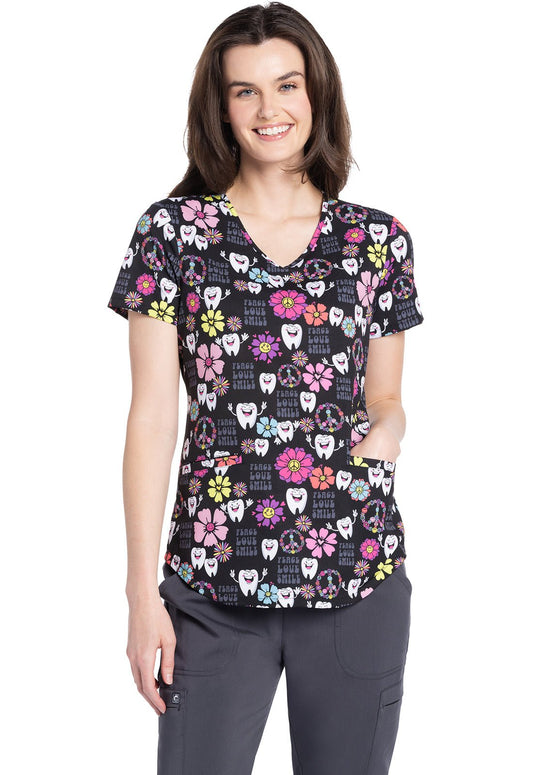 Peace, Love, Smile Cherokee Dental Print V Neck Scrub Top CK637 PLSM - Scrubs Select