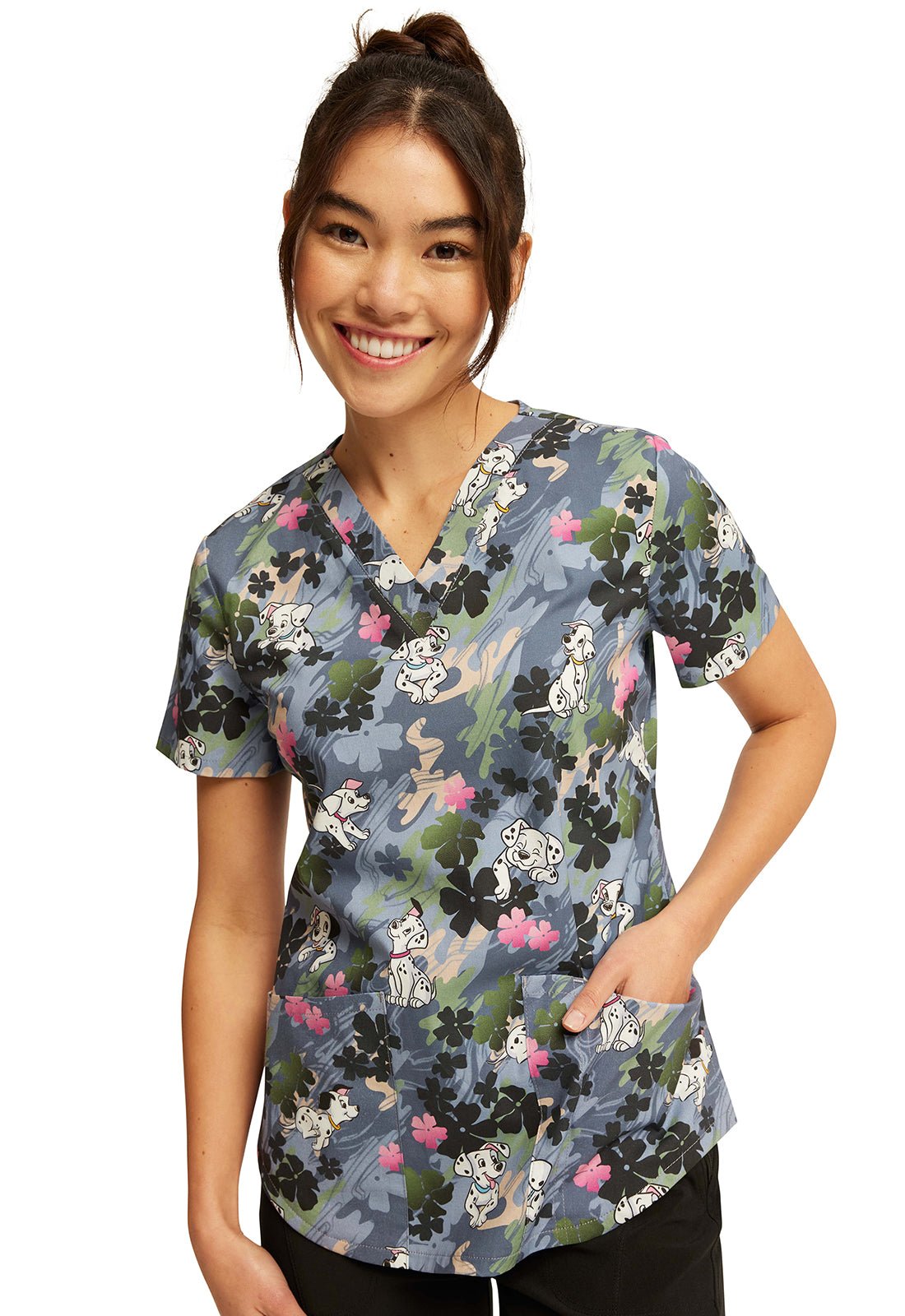 Plain Sight Puppies Tooniforms Disney 101 Dalmatians V Neck Scrub Top TF736 DAIP - Scrubs Select