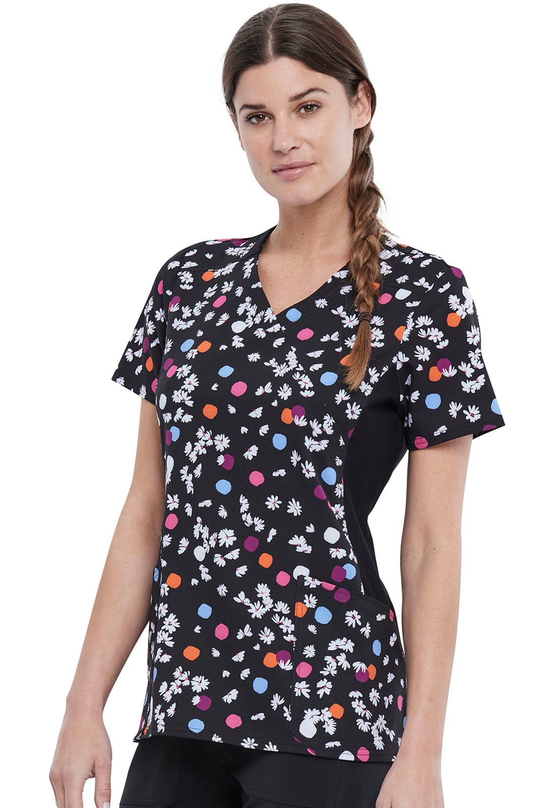 Polka Dot Cherokee iFlex Print Mock Wrap Knit Panel Scrub Top CK642 PTPE - Scrubs Select