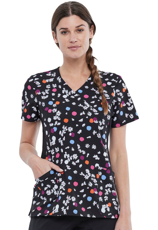 Polka Dot Cherokee iFlex Print Mock Wrap Knit Panel Scrub Top CK642 PTPE - Scrubs Select