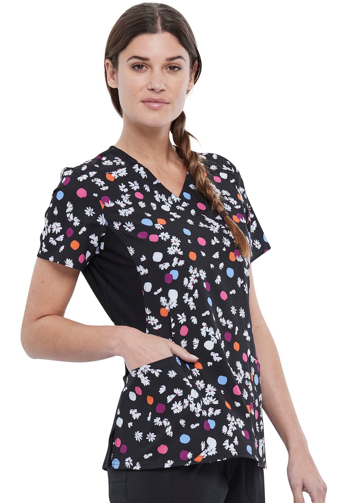 Polka Dot Cherokee iFlex Print Mock Wrap Knit Panel Scrub Top CK642 PTPE - Scrubs Select