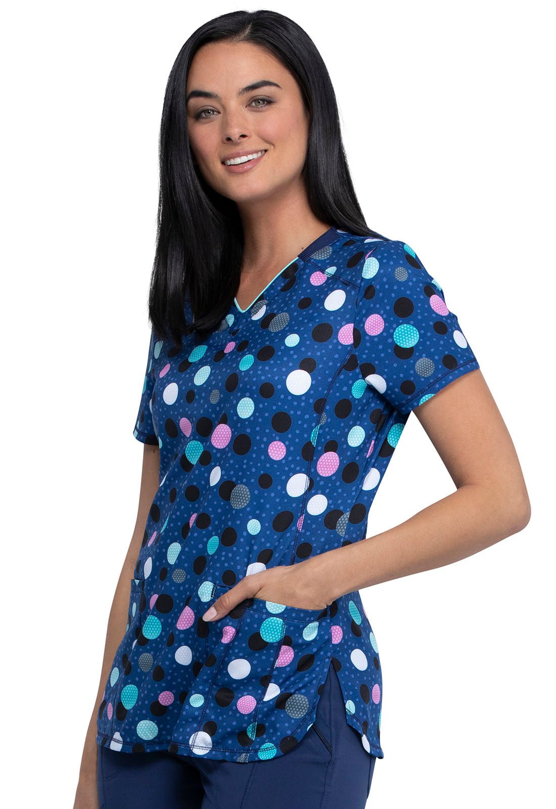 Polka Dots Cherokee Infinity Print V Neck Scrub Top CK634 PKNV - Scrubs Select