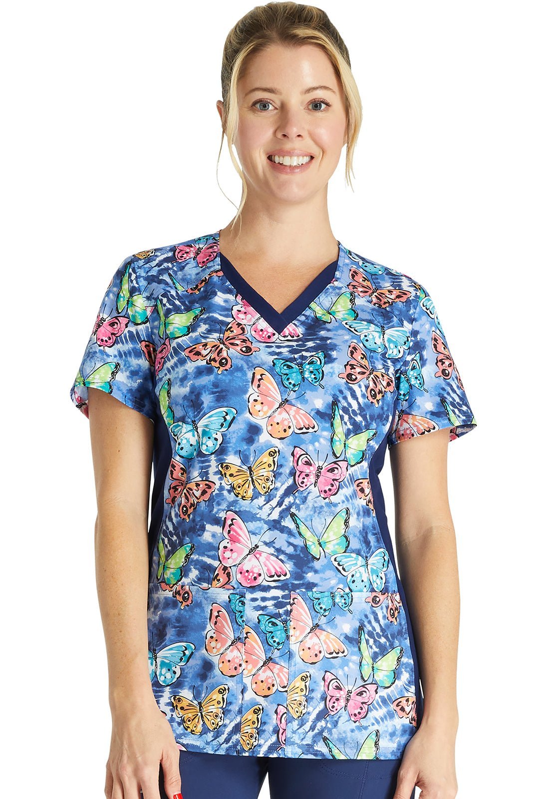 Pretty Fly Tie Dye Cherokee Butterfly Print V Neck Scrub Top CK793 PYFT - Scrubs Select