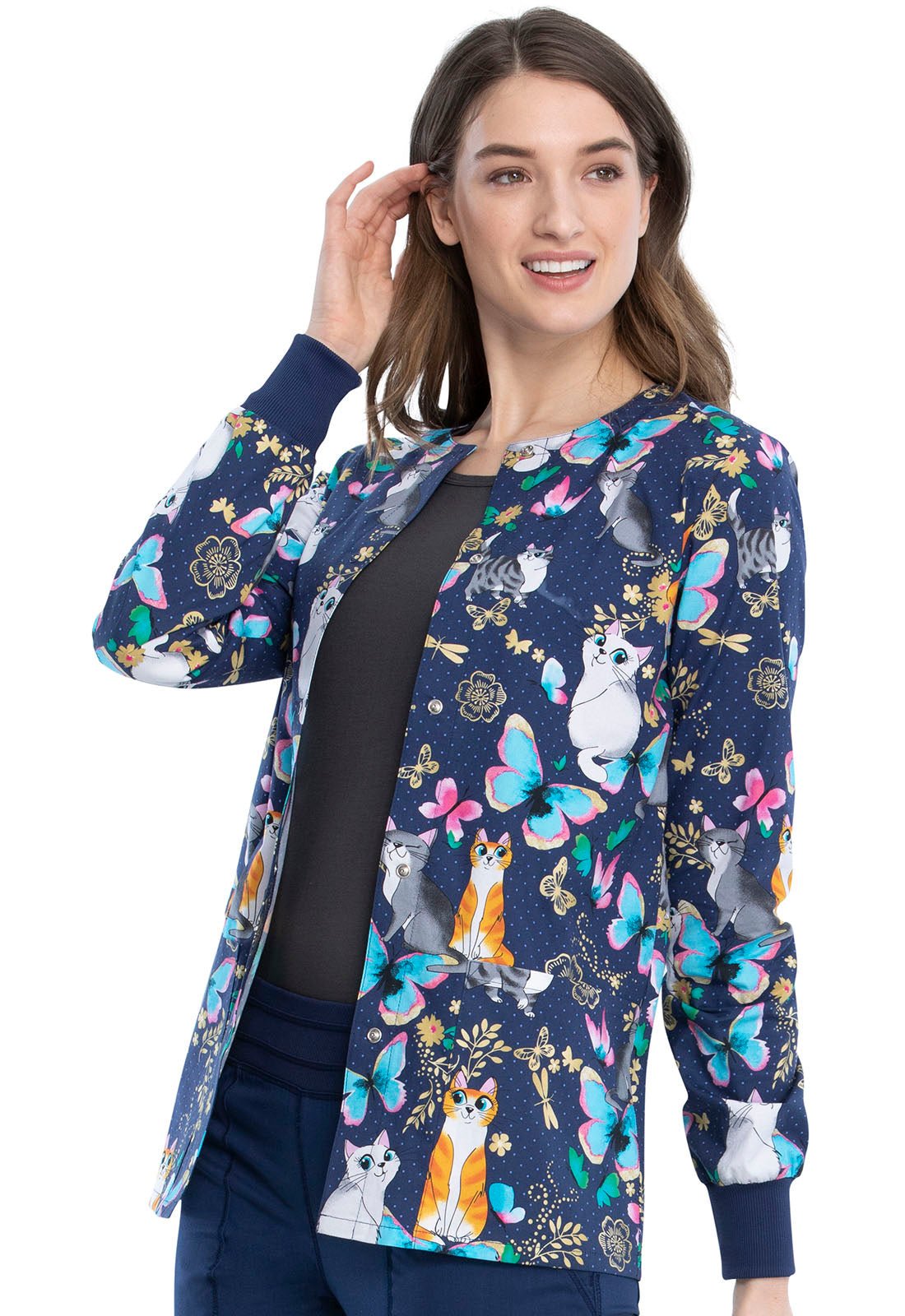 Purr Fect Day Cherokee Print Warm Up Scrub Jacket CK301 PUDY - Scrubs Select