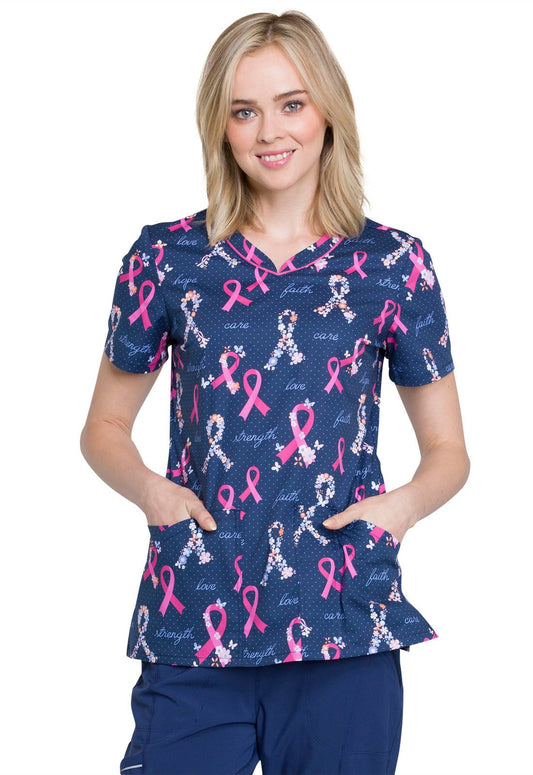 Rosy Ribbons Cherokee Breast Cancer Awareness V Neck Scrub Top CK646 RORI - Scrubs Select