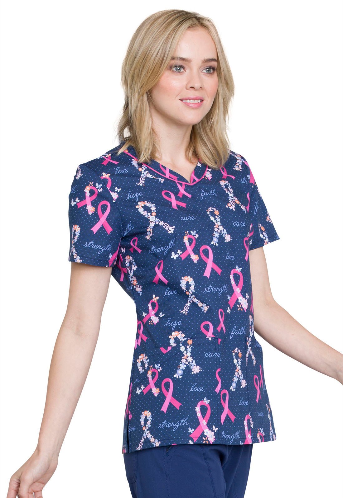 Rosy Ribbons Cherokee Breast Cancer Awareness V Neck Scrub Top CK646 RORI - Scrubs Select