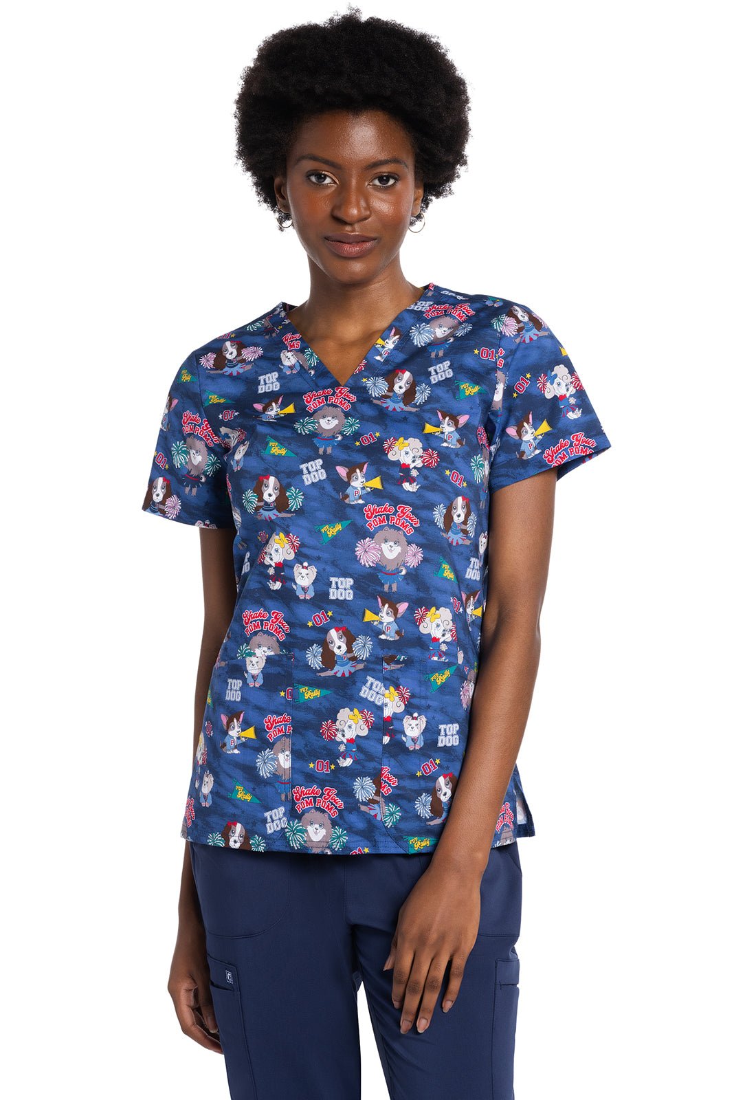 Shake Your Pom Poms Cherokee Dog Print V Neck Scrub Top CK651 SYPP - Scrubs Select