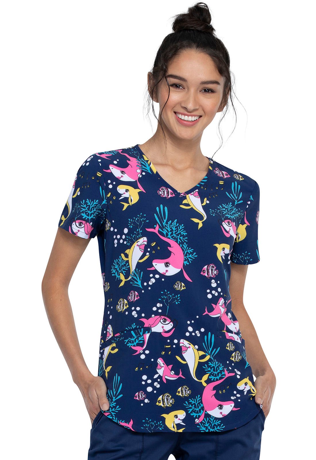 Shark Cherokee Print V Neck Scrub Top CK637 SHFY - Scrubs Select