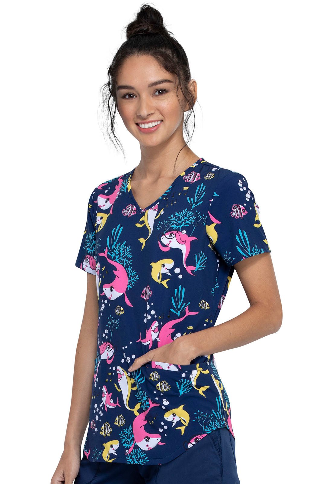 Shark Cherokee Print V Neck Scrub Top CK637 SHFY - Scrubs Select