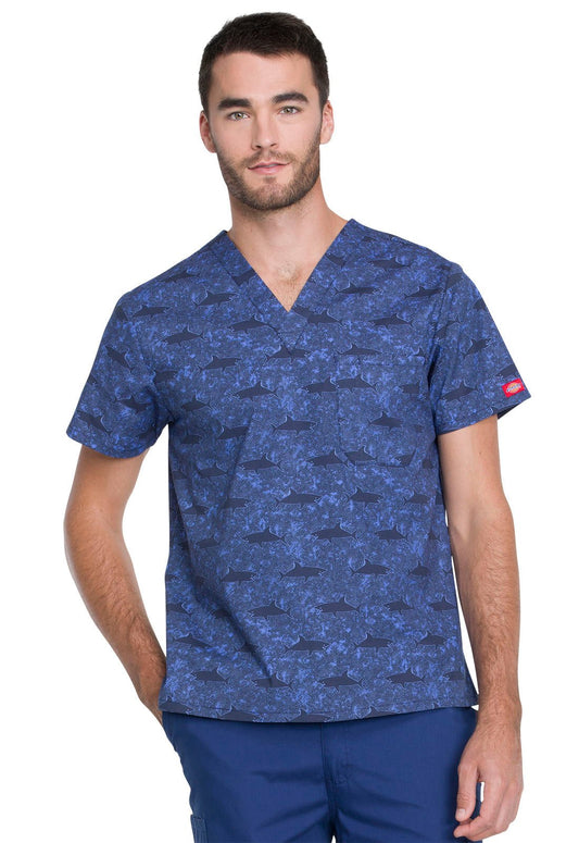 Shark Dickies Print Men's V Neck Scrub Top DK725 SHWK - Scrubs Select