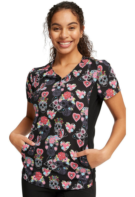 Skull Butterfly Cherokee iFlex Print V Neck Knit Panel Scrub Top CK732 SGSF - Scrubs Select