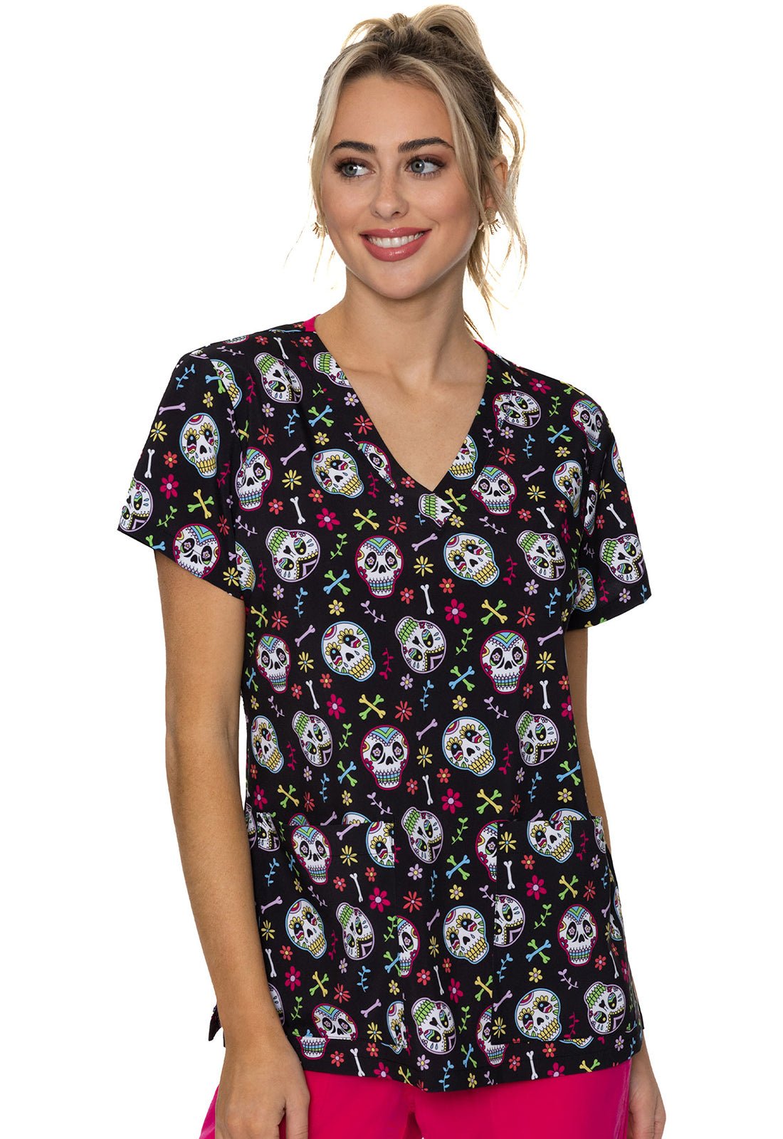 Skull Halloween Med Couture Print V Neck Scrub Top MC8564 SUHW - Scrubs Select