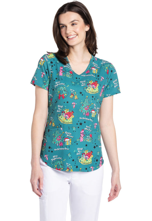 Sleigh My Name Cherokee Christmas Print V Neck Scrub Top CK637 SGMN - Scrubs Select