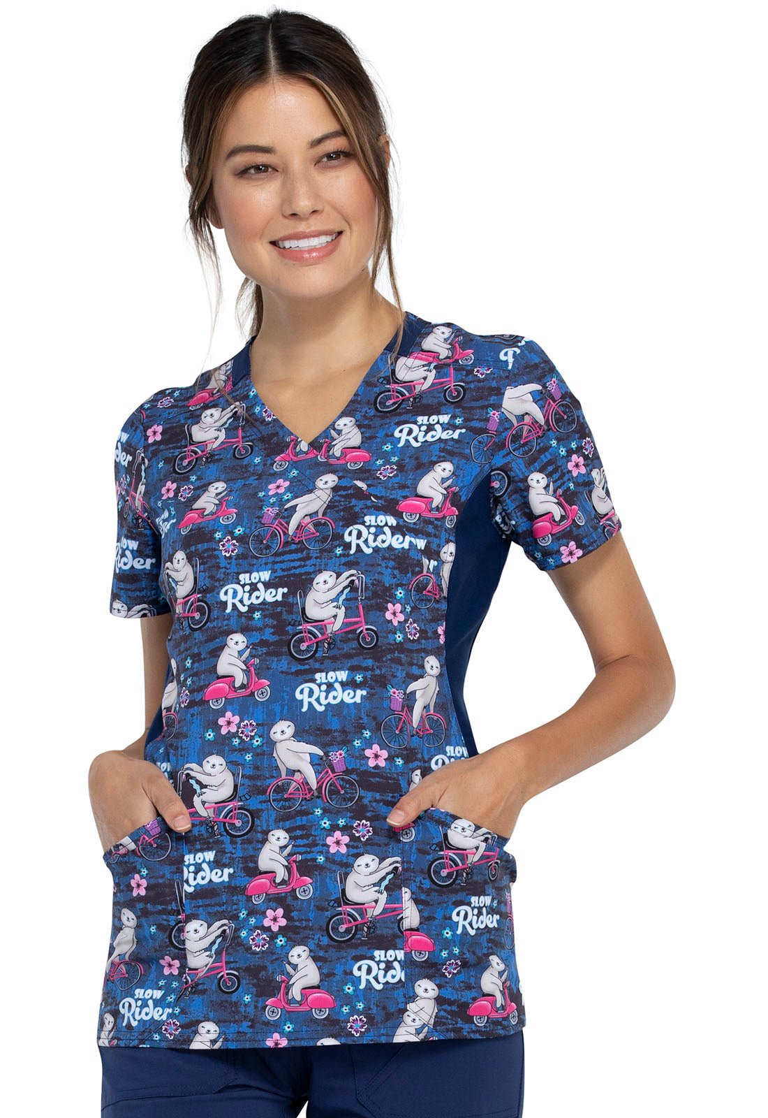 Sloth Cherokee iflex Print Mock Wrap Knit Panel Scrub Top CK642 SWRD - Scrubs Select