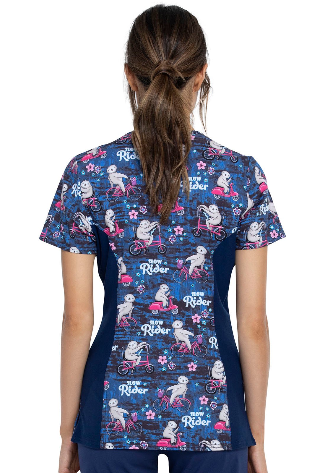 Sloth Cherokee iflex Print Mock Wrap Knit Panel Scrub Top CK642 SWRD - Scrubs Select