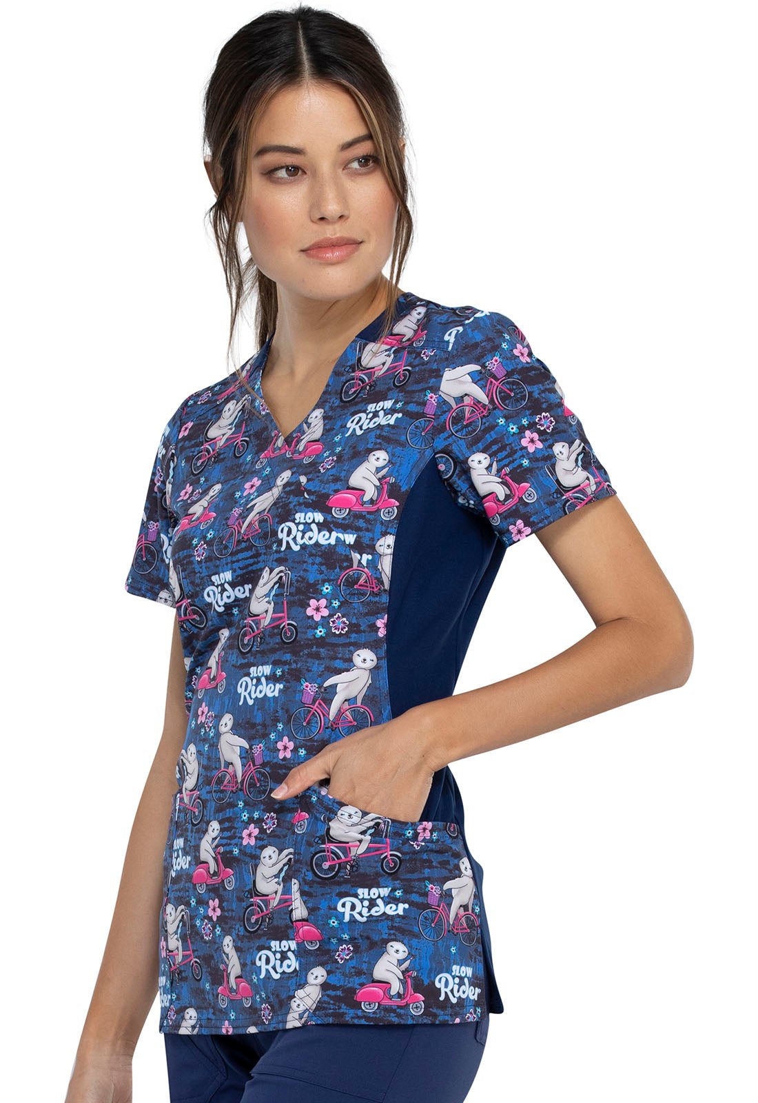 Sloth Cherokee iflex Print Mock Wrap Knit Panel Scrub Top CK642 SWRD - Scrubs Select