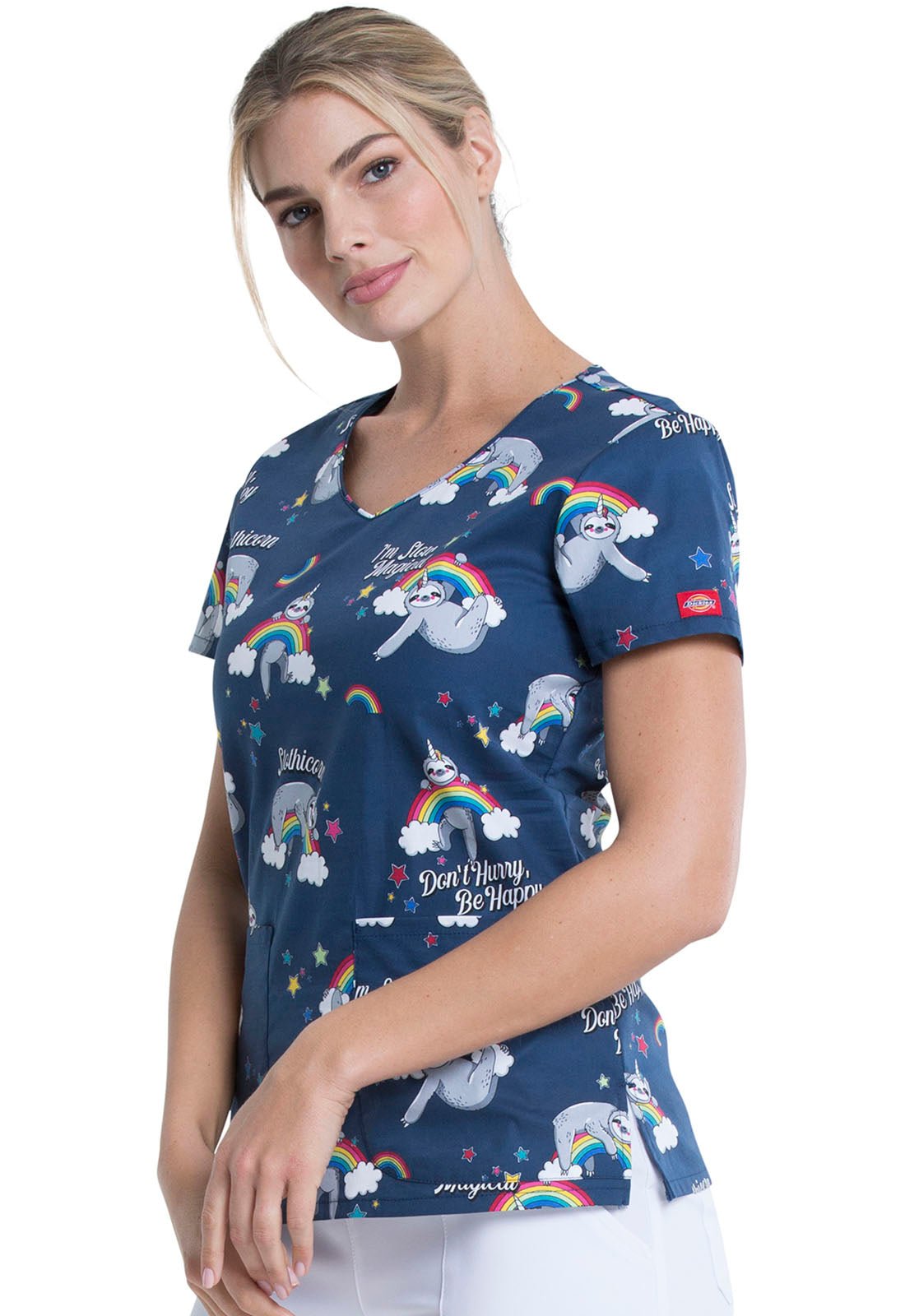 Sloth Dickies EDS Print V Neck Scrub Top DK700 SOML - Scrubs Select