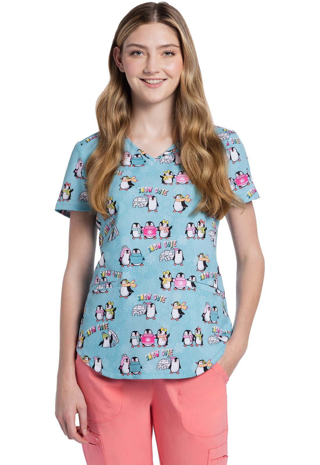 Snow Cute Cherokee Penguin Print V Neck Scrub Top CK637 SOCU - Scrubs Select