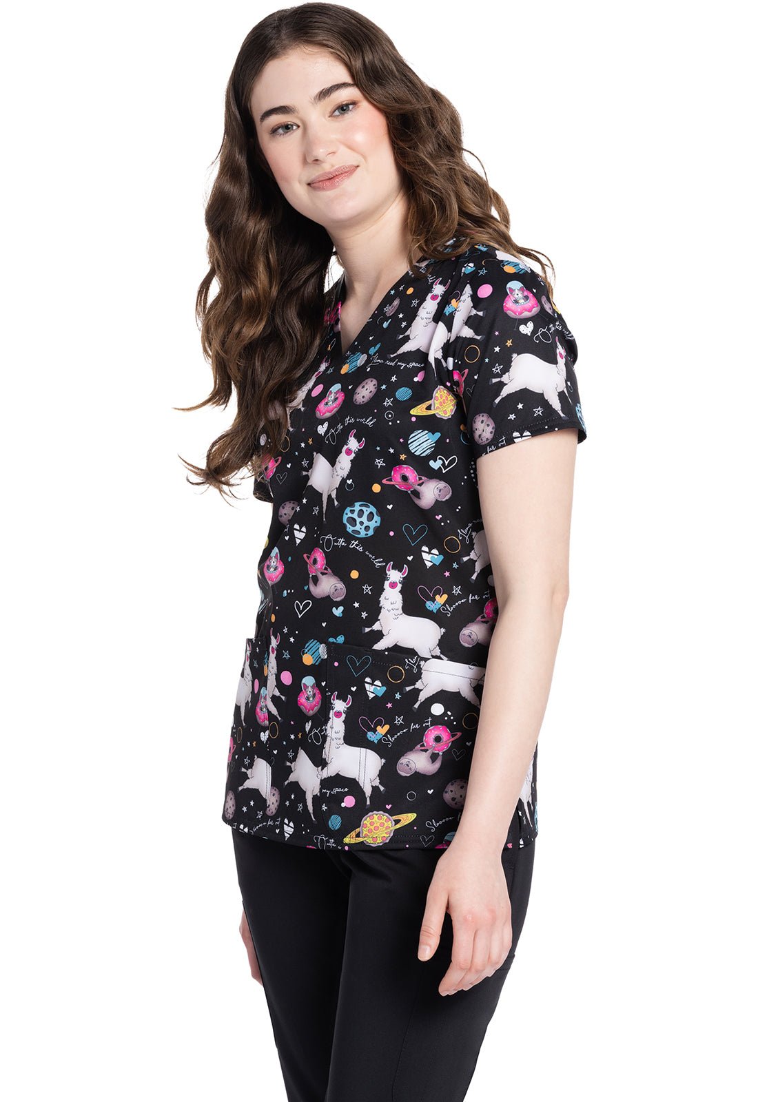 Space Snacks Cherokee Llama Print V Neck Scrub Top CK671 SPSC - Scrubs Select